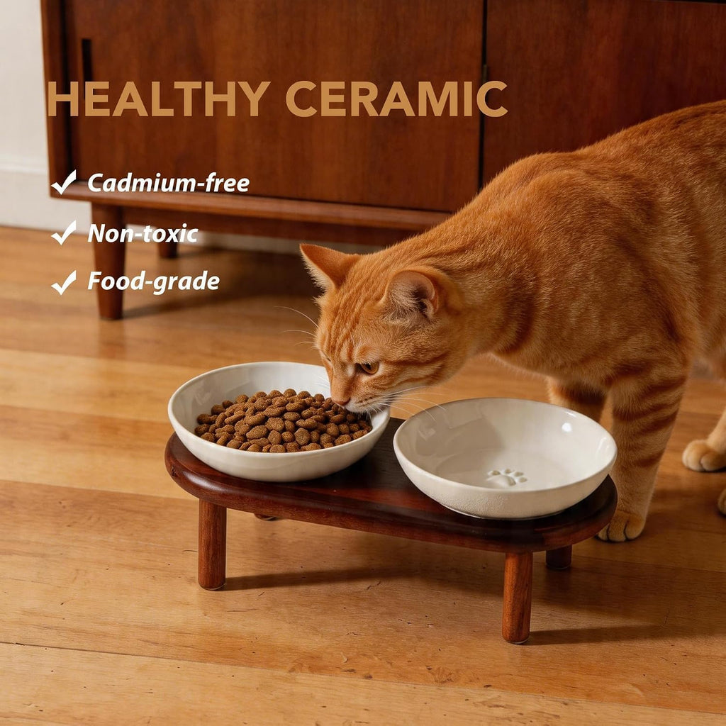 Elevated Cat Bowls, Ceramic Cat Bowl with Wood Stand, Wide Opening