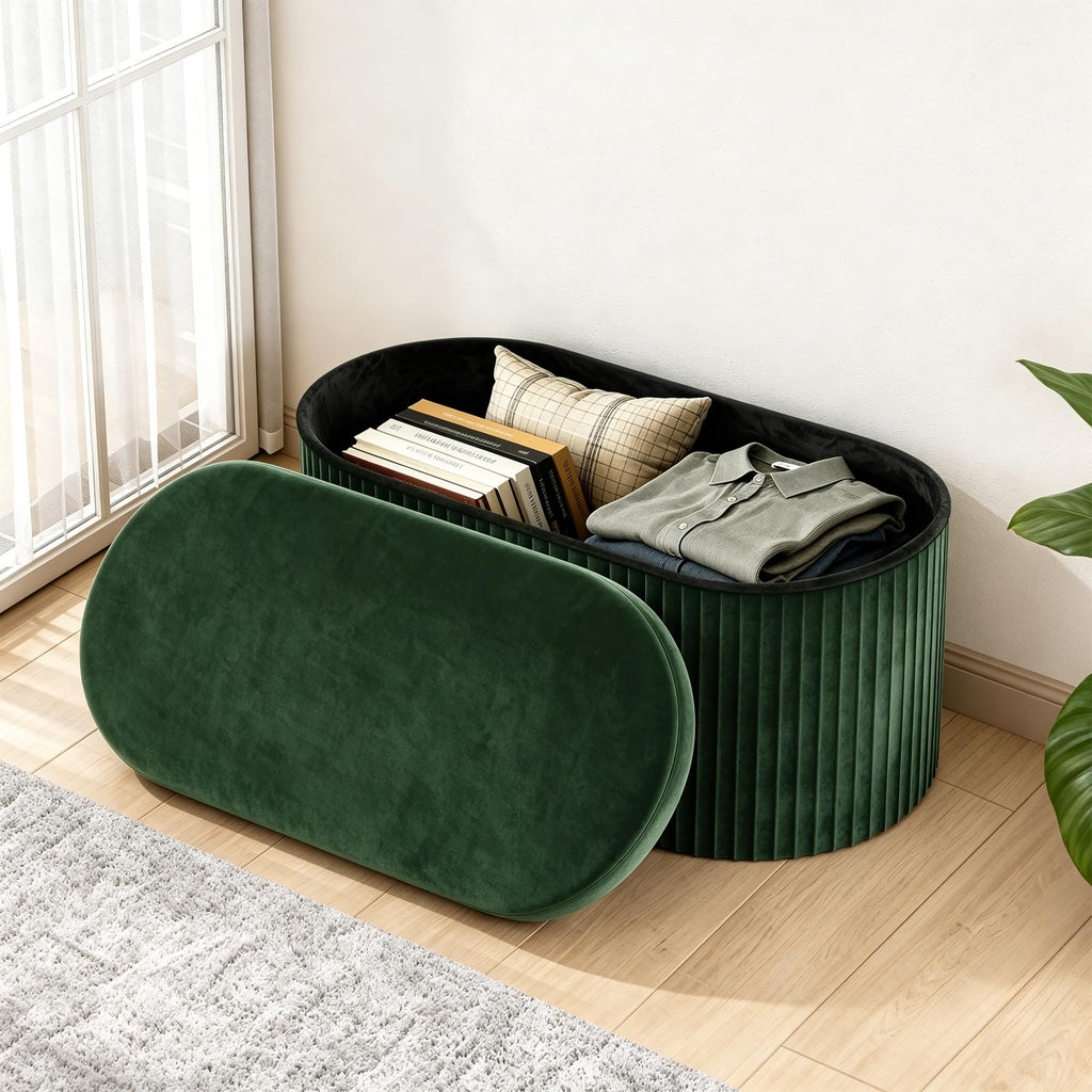 Folding Ottoman with Storage, Oval Velvet Storage Bench, Green