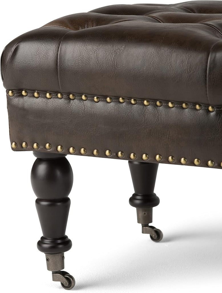 Lacey 41" Wide Vegan Leather Rectangle Ottoman in Saddle Brown | Traditional tufted ottoman bench with nail head trim