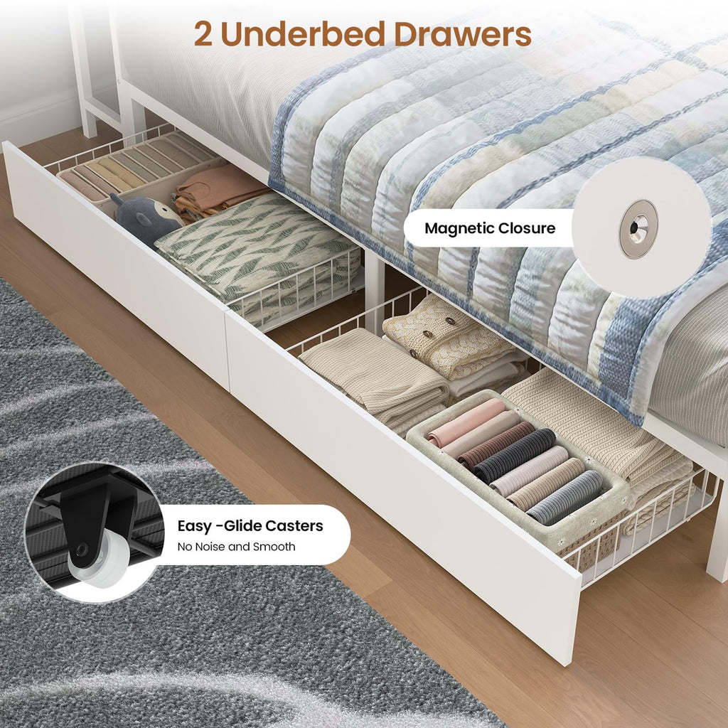 Corner Bed Frame Queen with Storage Bookcase and Drawers, Queen Size Daybed with Charging Station and LED Lights