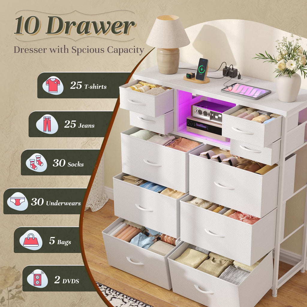 White with Charging Station & LED, 10 Drawers