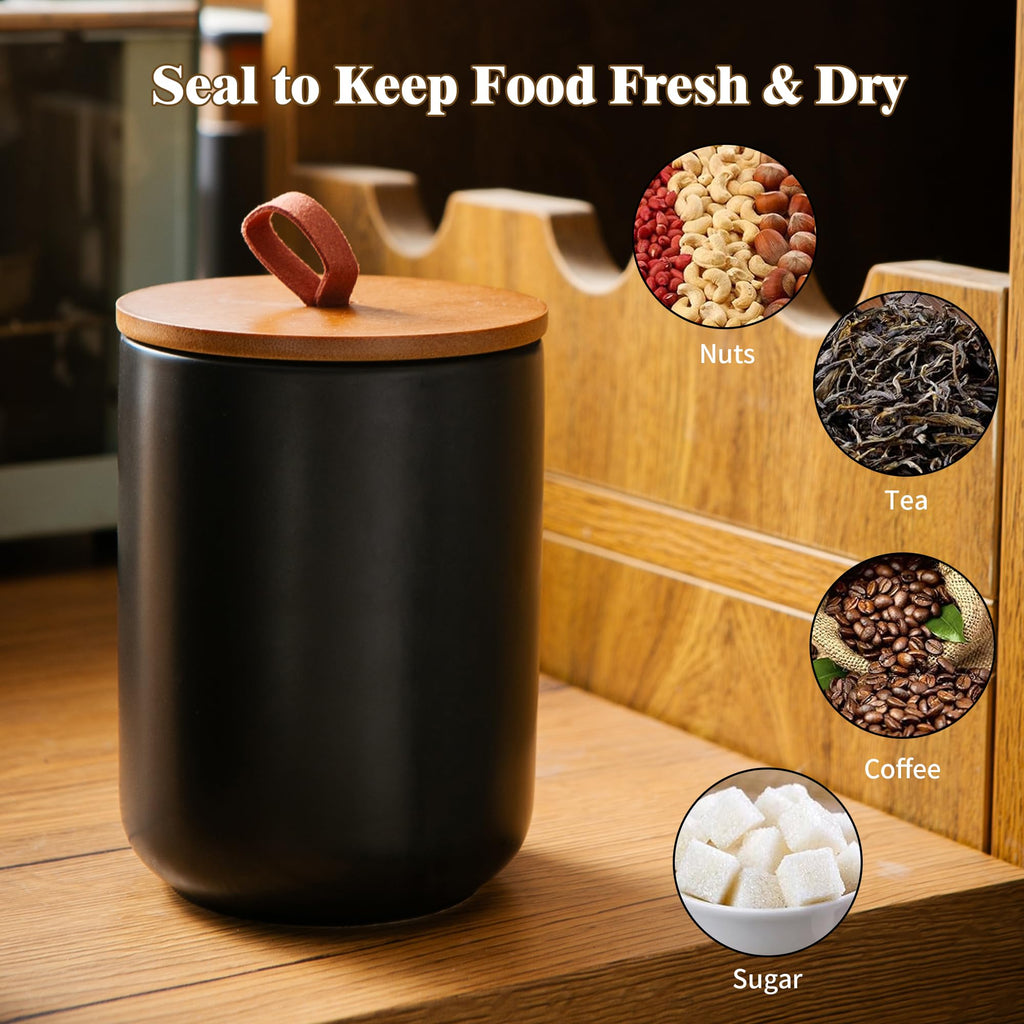 Black Ceramic Canister & Jar Set, Airtight Bamboo Lids 3-Piece