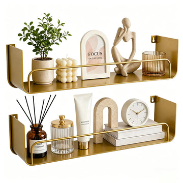 16 Inch Gold Floating Shelves 2 Pack - Modern Iron Bathroom Shelves with Guardrail, U-Shaped Wall Mounted Shelf