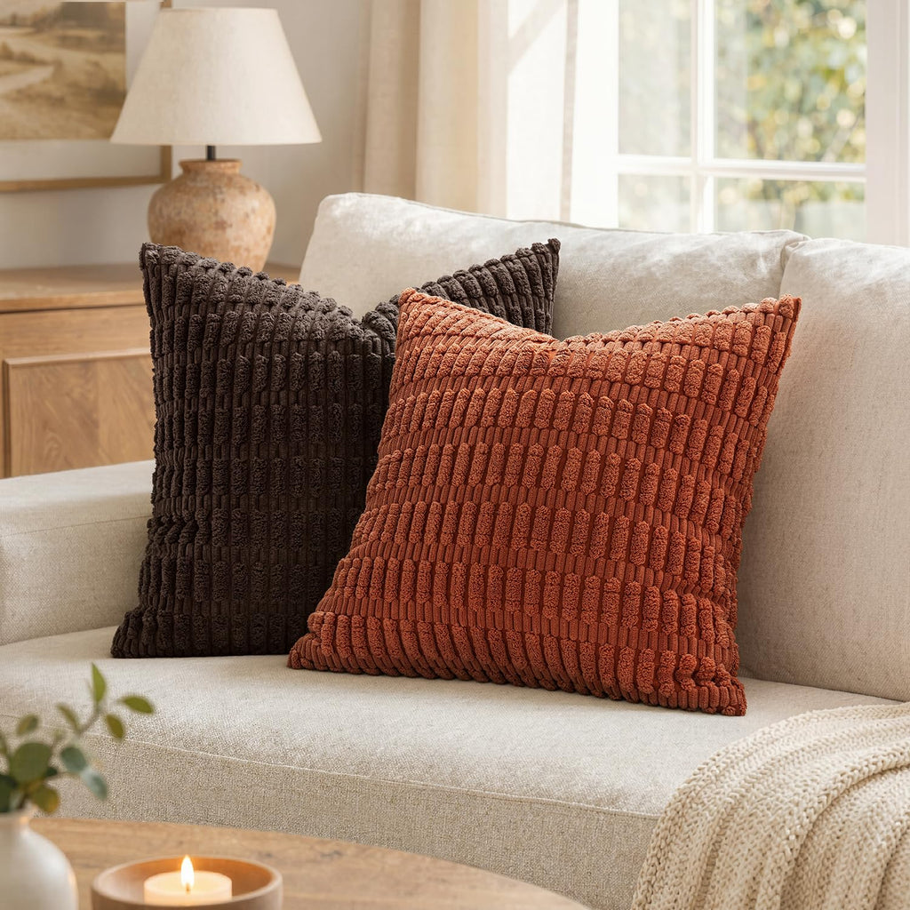 Fall Corduroy Decorative Throw Pillow Covers 16x16 Rust Pack of 2