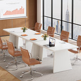 White Executive Desk, 63" Large Office Computer Conference Meeting Table with Wooden Robust Pedestal