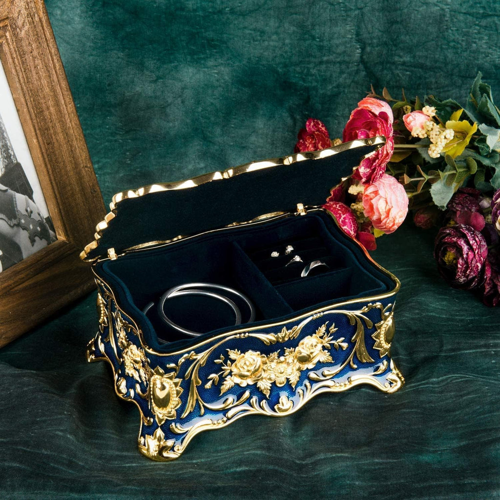 Vintage Two Layers Rectangle Trinket Jewelry Box Ornate Ring Earrings Treasure Case Keepsake Box Organizer