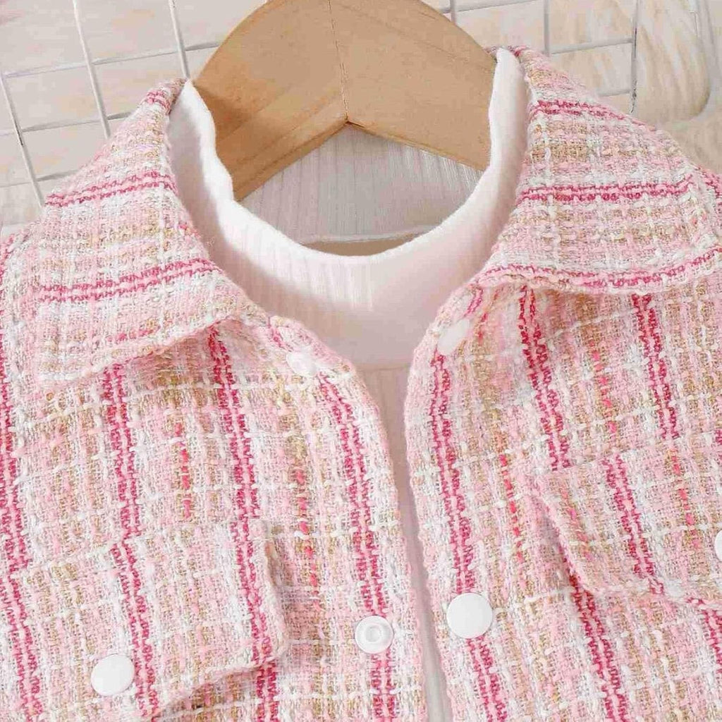 Toddler Girl Skirt Set Long Sleeve Knit Ribbed Turtleneck Shirt Tops+Mini Skirts+Plaid Tweed Jacket Winter Outfits