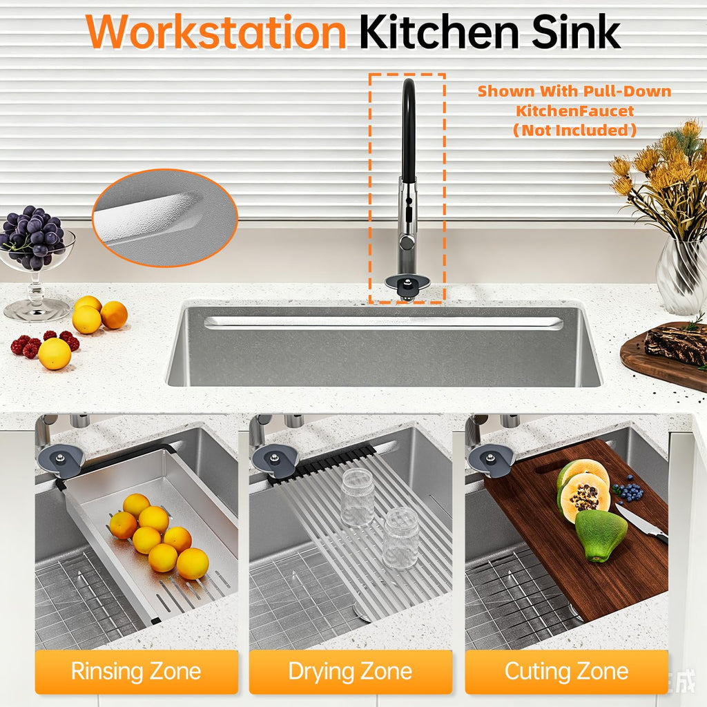 32 Inch Undermount Workstation 16 Gauge 304 Stainless Steel Single Bowl Kitchen Sink Handmade Smart Sinks with