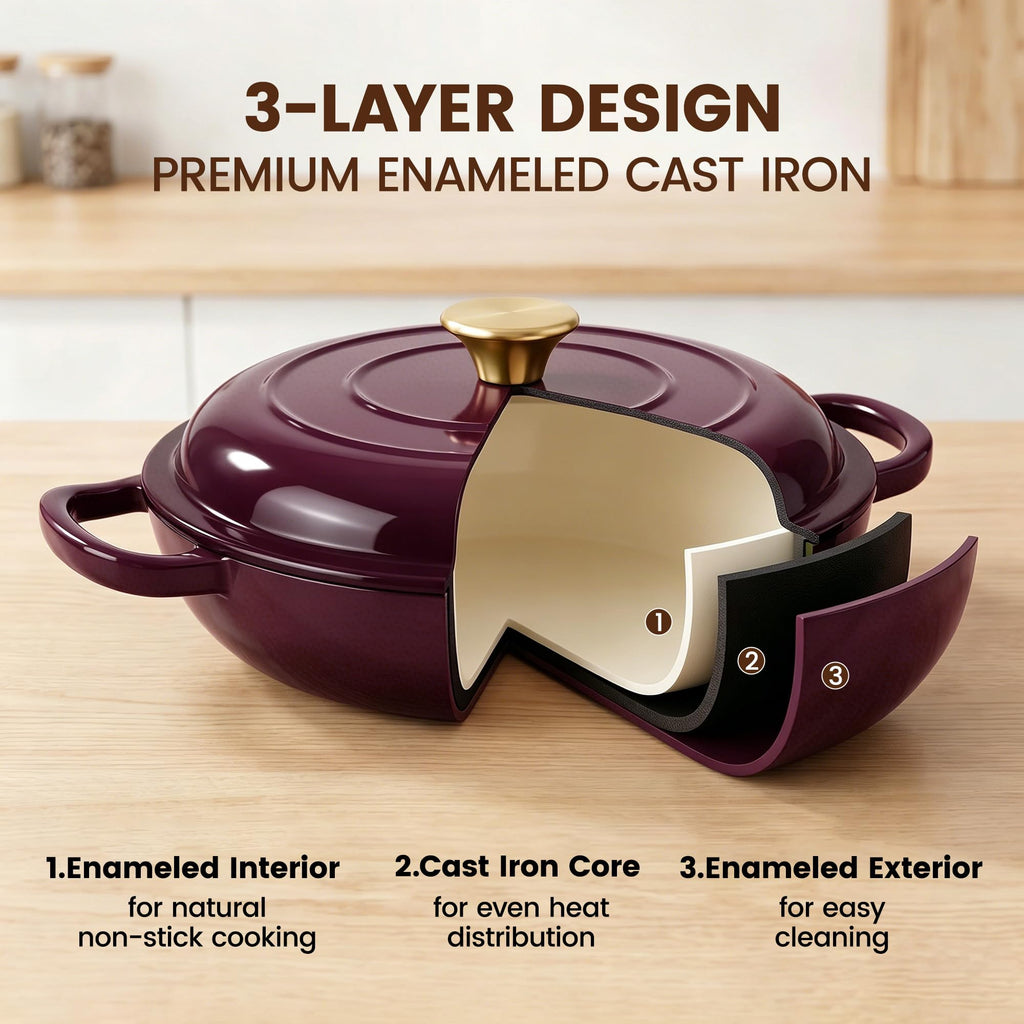 Vintage Style 3 Quart Enameled Cast Iron Braiser, Non Stick Enameled Cast Iron Skillet with Lid, Dutch Oven Skillet