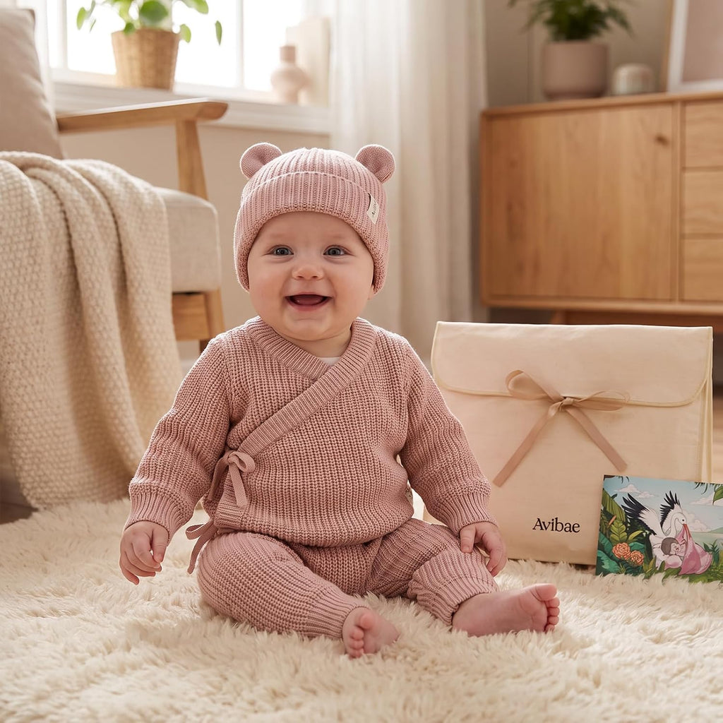 Baby Cotton Knit Set with Hat, Sweater and Pants, Coming Home Outfit