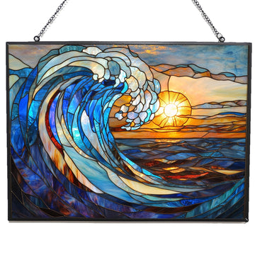 Rectangle Art Nouveau Spiral Great Wave Stained Glass Window Hanging, 15" W X 11" H Stained Glass Panel with Chain