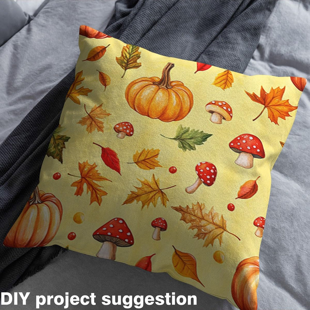 Pumpkin Mushroom Decorative Fabric by The Yard, Autumn Fall Harvest Outdoor DIY Art Waterproof Fabric, Maple Leaves