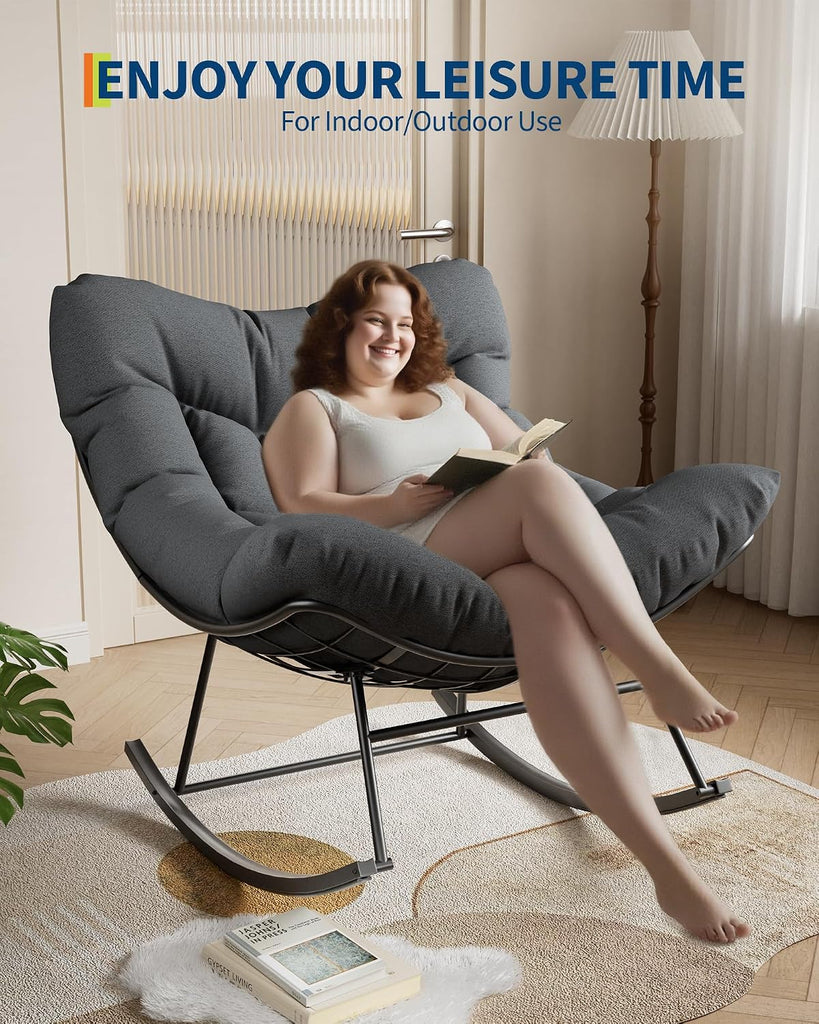 Outdoor Papasan Rocking Chair for Balcony Backyard Porch Bedroom | Oversized Rocking Chair with Sturdy Metal Frame