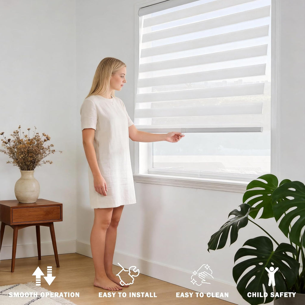 Cordless Zebra Blinds for Indoor Windows Free-Stop Zebra Shades Dual Layer Light Filtering Sheer Shades Roller Window