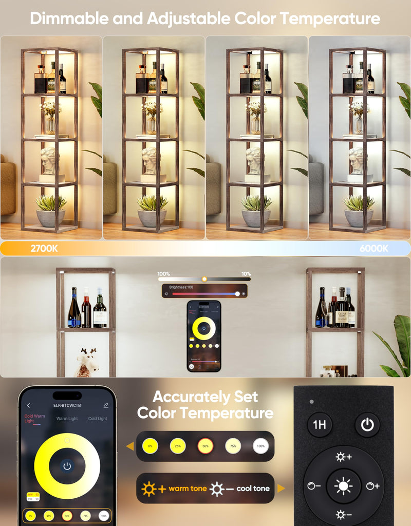 Floor Lamp Glass Display Shelf with Remote/APP Control, Dimmable LED Floor Lamp with Shelves, Open Display Cabinet