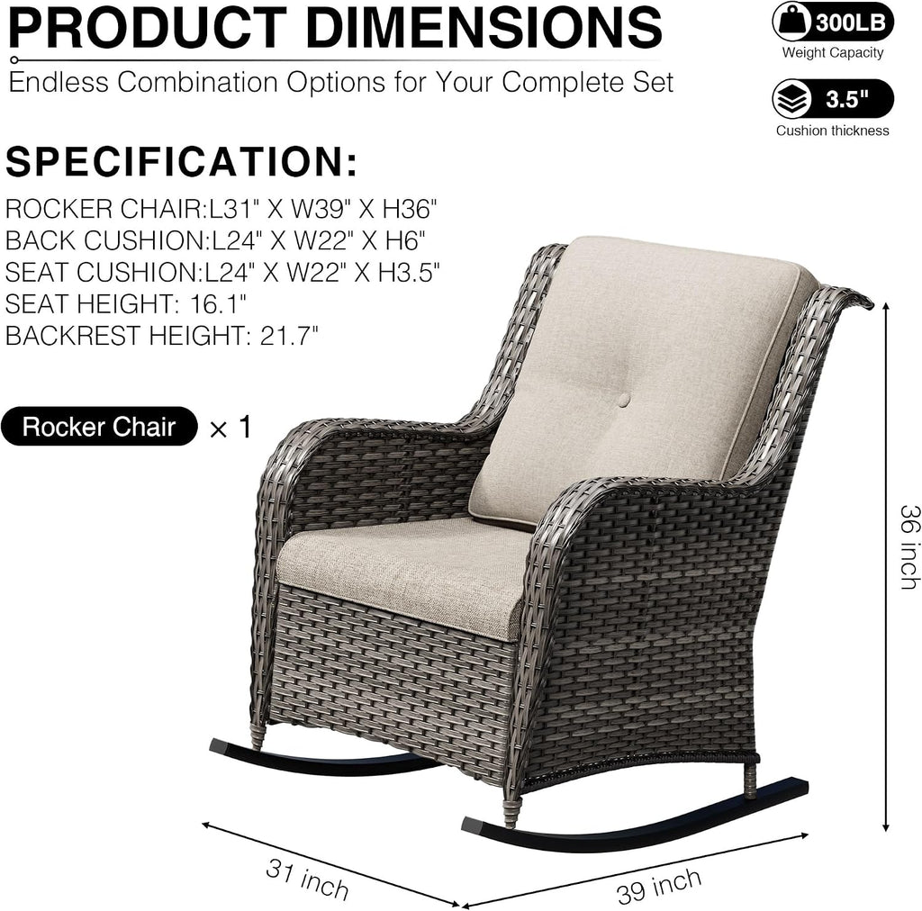 Outdoor Rocking Chair, Wicker Patio Furniture with High Back, Deep Seating, Wide Armrest, Thickened Cushions, Outdoor