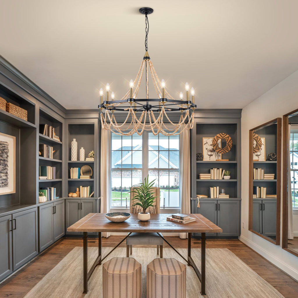 10-Lights Wood Bead Chandelier:Farmhouse Boho Pendant Light Fixture Black
