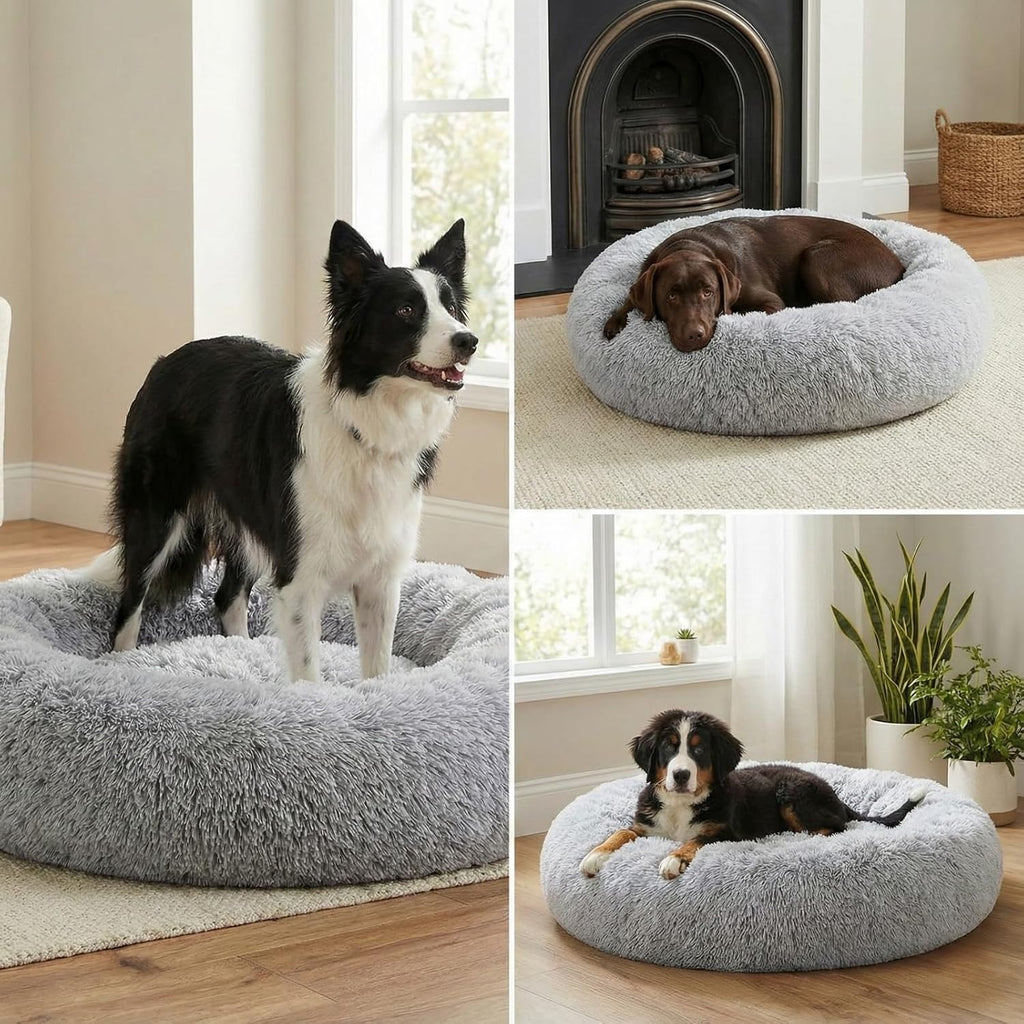 Calming Donut Dog Bed - Faux Fur Anti-Anxiety Pet Bed with Removable Washable Cover & Water-Resistant Liner - Plush