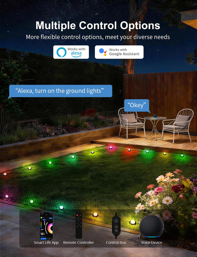 Outdoor Ground Lights 15 Pack, 32FT RGBCW Pathway Lights Wired
