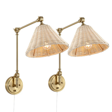 Wall Sconce Rattan Wrapped Wall Lamp, Large Lampshade, Adjustable Swing Arm Wall Light Gold Vintage Bedside Light