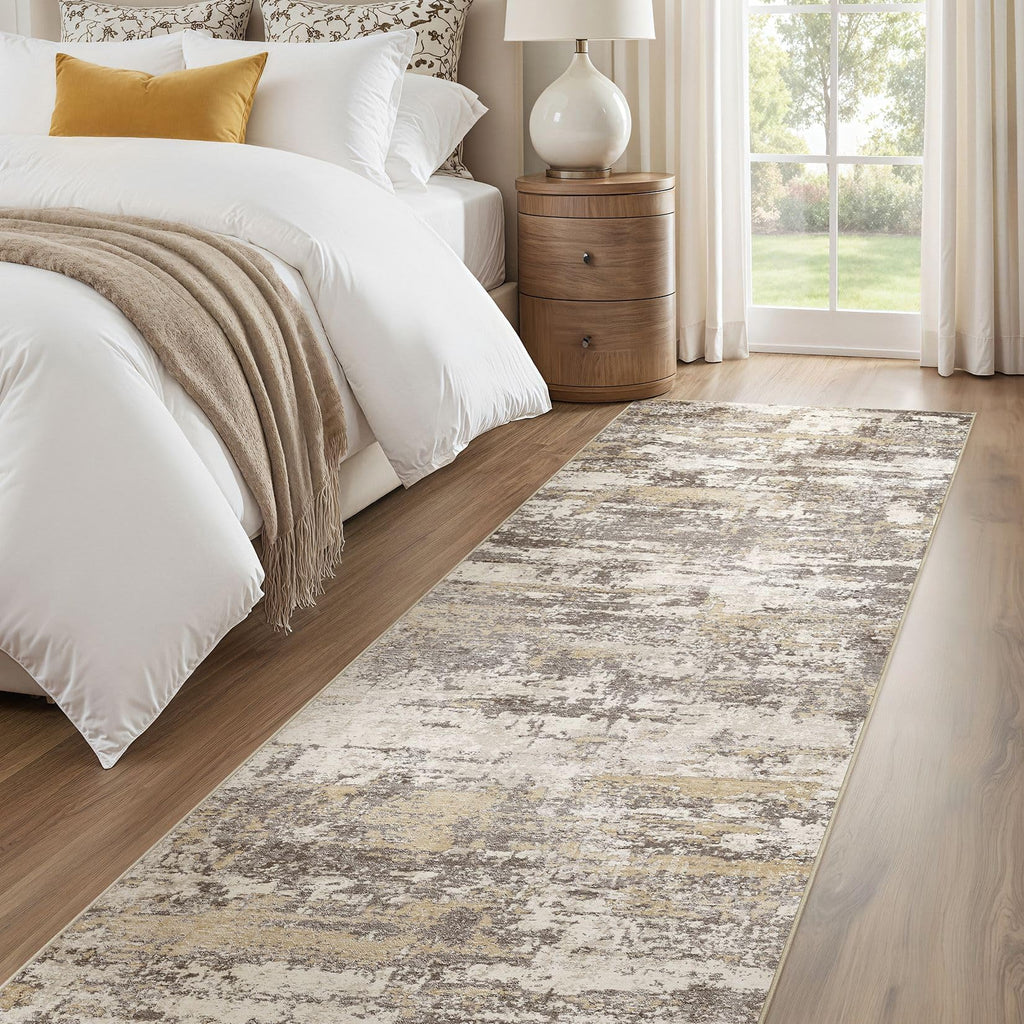 3x8 Runner Rug, Abstract Washable Hallway Rugs, Gold Brown