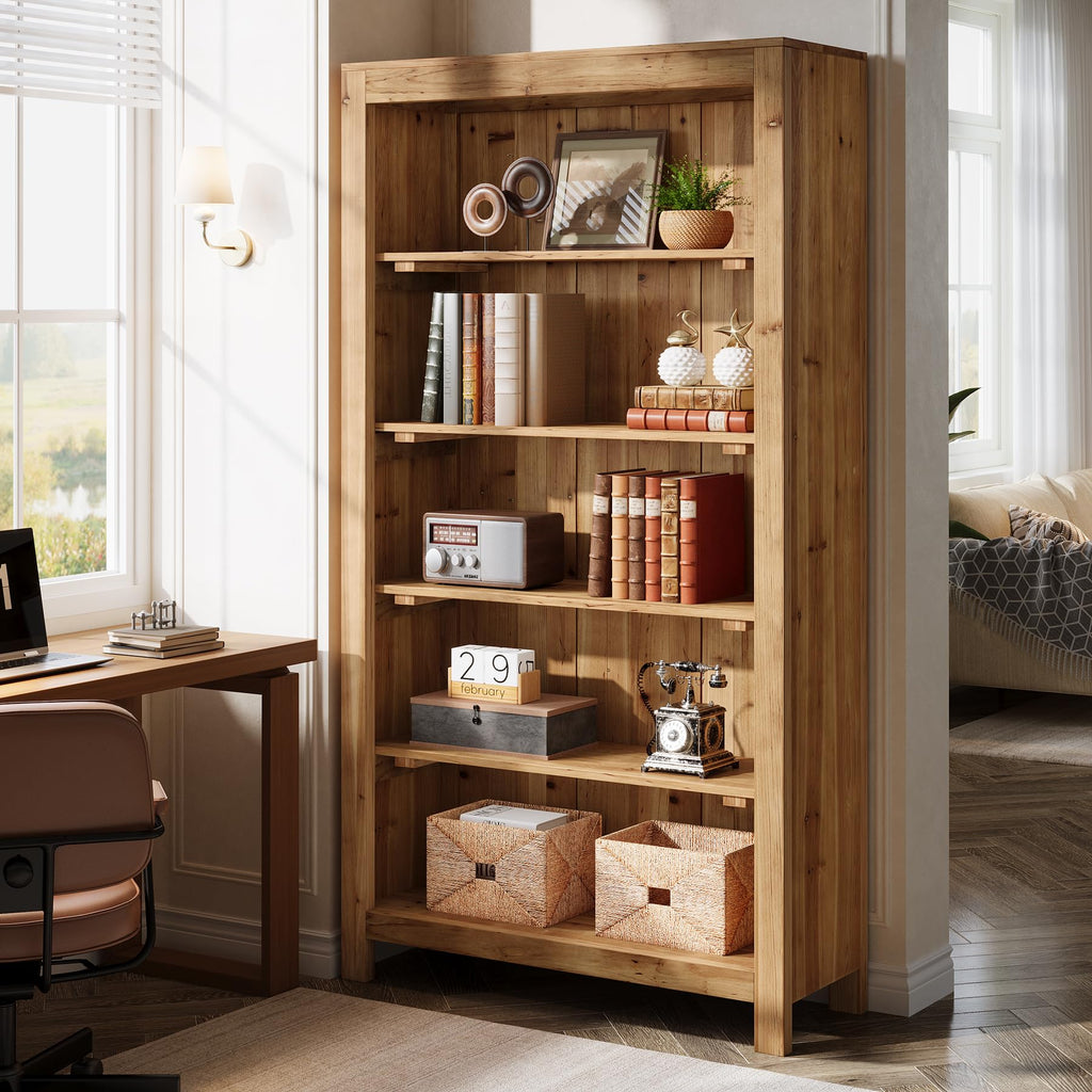 5-Tier Real Wood Bookcase Solid Wood Bookshelf Display Storage Shelf
