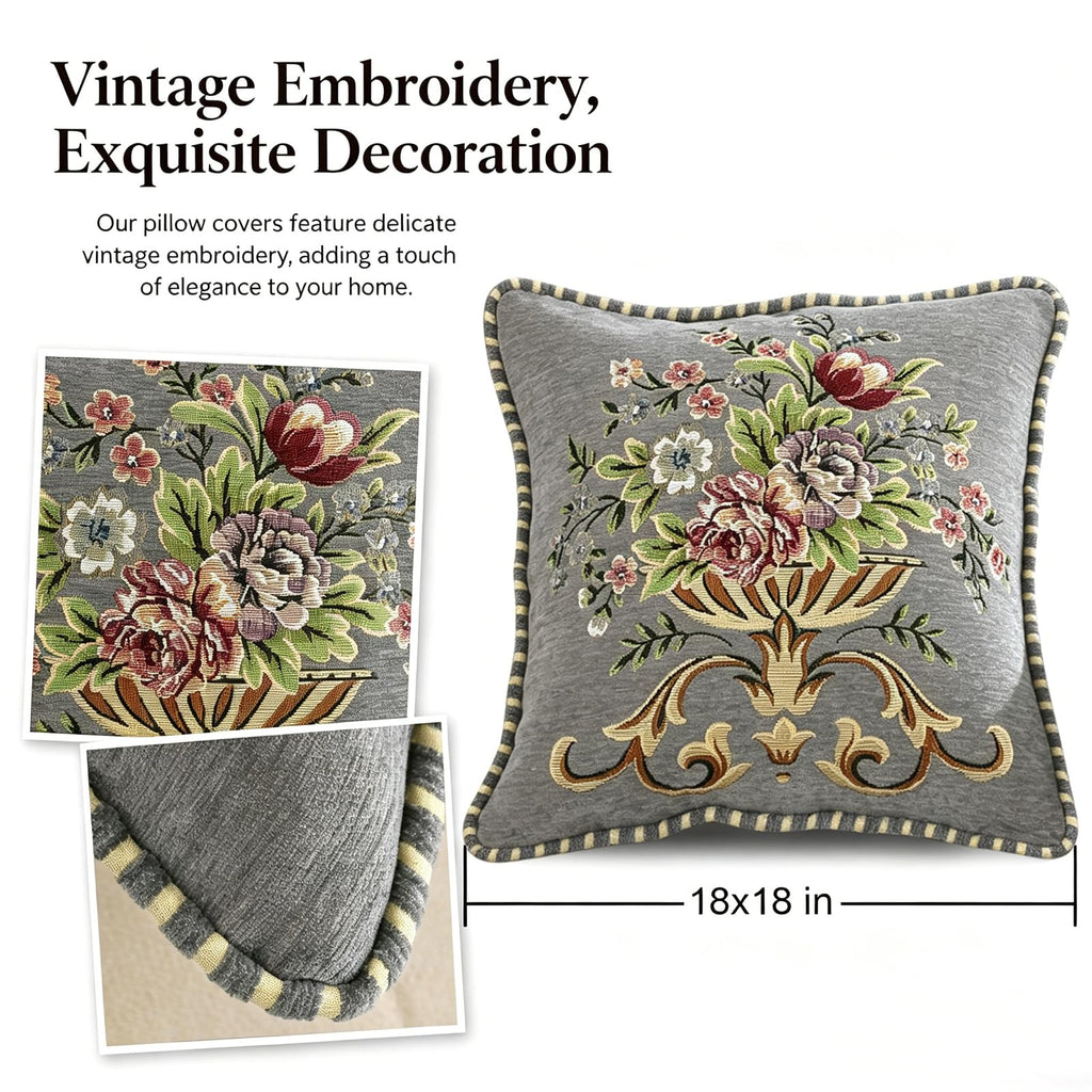 2 Pcs Gray Chenille Vintage Embroidered Throw Pillow Covers 18x18in, Grey Tassel Vintage Pattern Pillow Covers, Floral