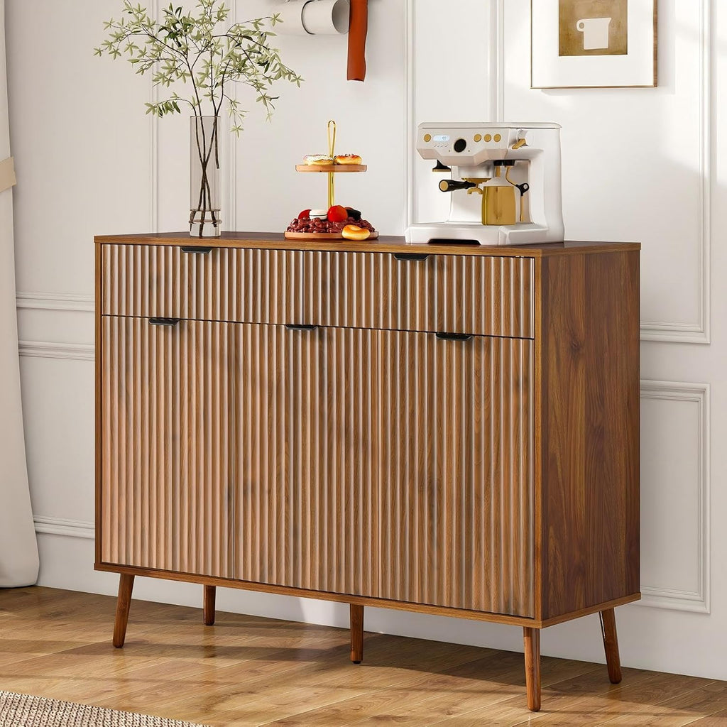 Fluted Sideboard Buffet Cabinet with Storage,2 Drawers and 3 Doors,Wood Coffee Bar Cabinet with Solid Wood Feet