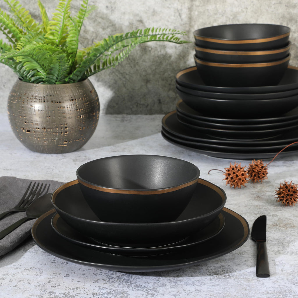 Kings Road Double Plates and Bowl Organic Round Porcelain Dinnerware Set - Matte Black w/Gold Rim