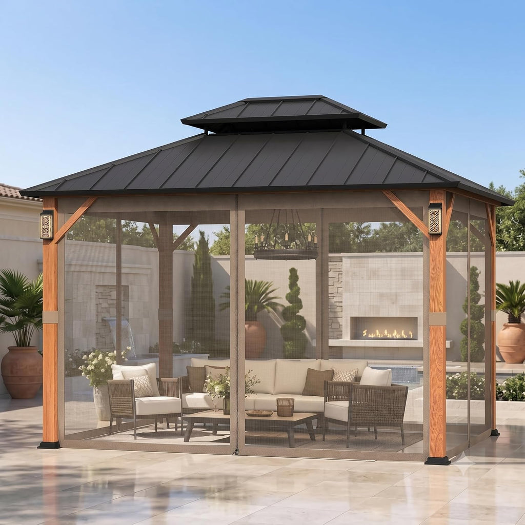 Modern Shade Hardtop Gazebo 10x12 with 4 LED Lights Wood Grain | Permanent Hard Top Gazebo with Galvanized Steel Double