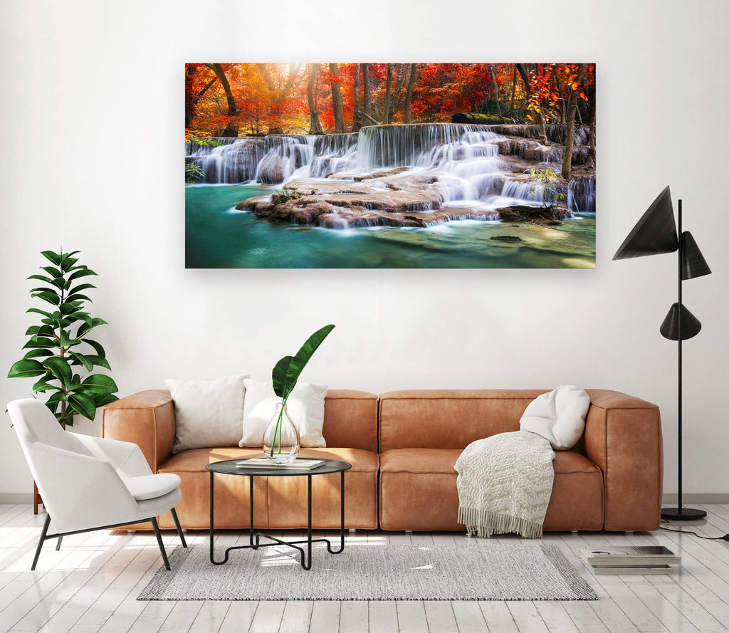 Wall Art Canvas Painting Red Forest Waterfalls 1 Piece Modern Landscape Tree Picture Poster Print Framed and