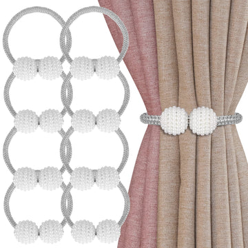 Magnetic Curtain Tiebacks with Pearls,Elegant Window Treatment Holdbacks for Heavy Outdoor Drapes (Grey) - 8 Pack