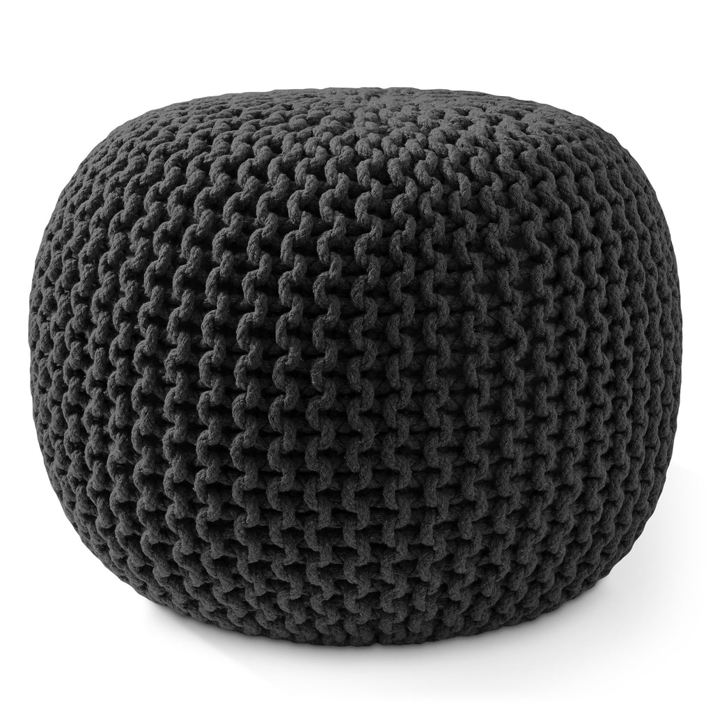 Round Pouf Ottoman, Black - 20" Diameter x 14.5" High Cotton Knit Foot Stool - Boho Floor Pouffe