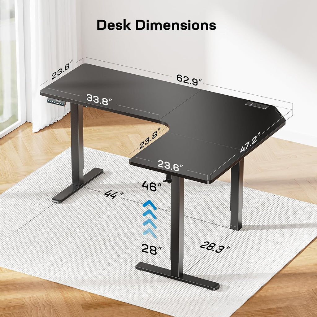 63′′ L-Shaped Standing Desk, Built-in Power Outlets, Black | 3 Memory Presets, Sturdy Steel Frame, 220 lbs Capacity