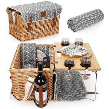 Luxury Picnic Basket, Wicker Picnic Basket Set for 4 - Gray