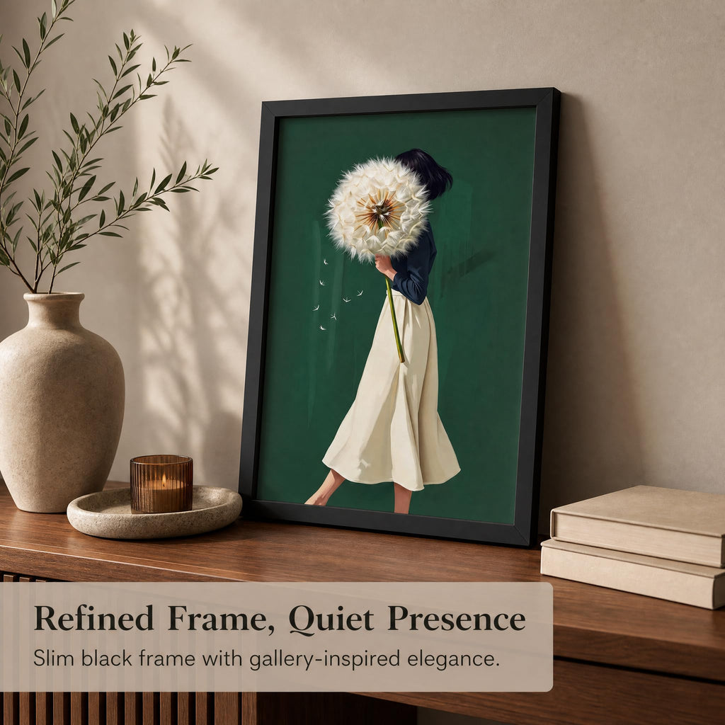 Framed Emerald Green Wall Art Woman With Dandelion Art Prints Modern Women's Minimalist Pictures Soft Botanical