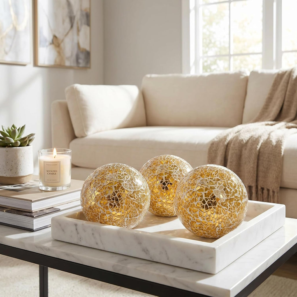 Inch Gold Mosaic Glass Orbs, Decorative Balls Mosaic Spheres for Vase Fillers, Dinning & Coffee Table - Set of 3