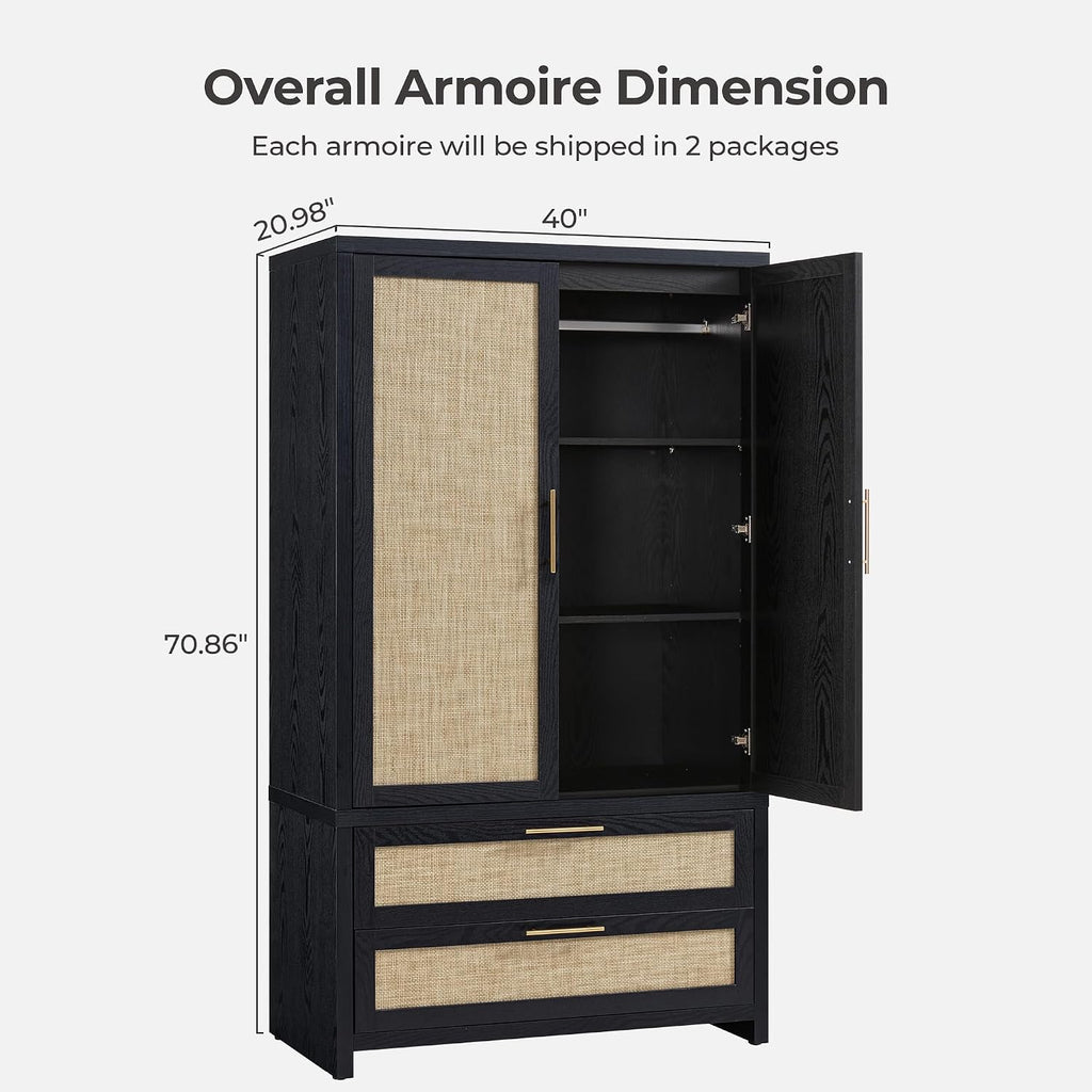 Rattan Armoire Wardrobe Closet, 71 inch Boho Wardrobe with Drawers | Farmhouse Storage Cabinet Armoire with Hanging