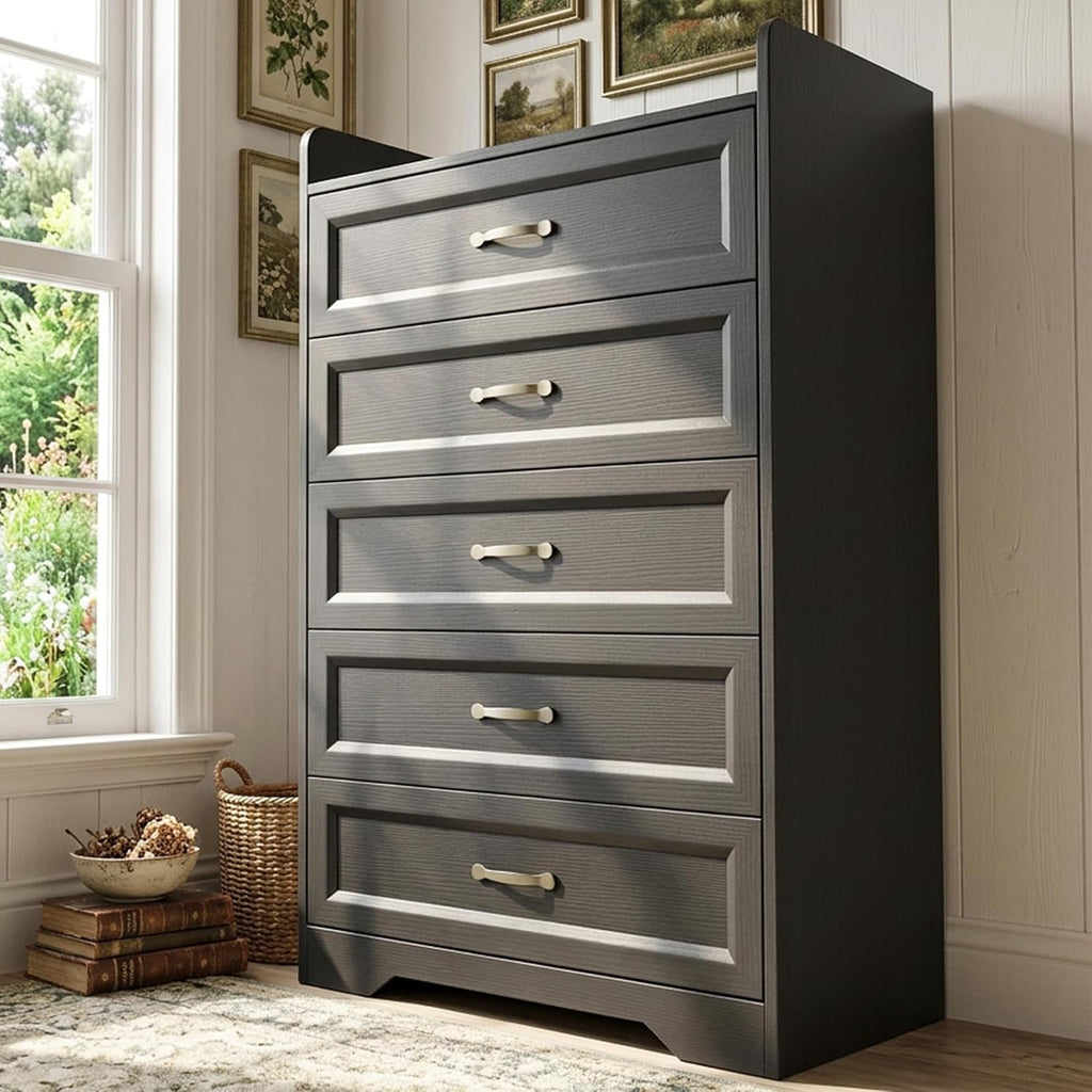 5 Drawer Dresser, 44.3" H Chest of Drawers, Black Dresser , Modern Wood Storage Cabinet with with Large Capacity