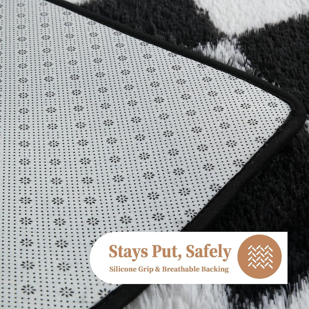 Checkered Shag Area Rug 8'x10', Black and White Plush Rug, Non-Slip Soft Carpet Nursery, Modern Floor Decor with
