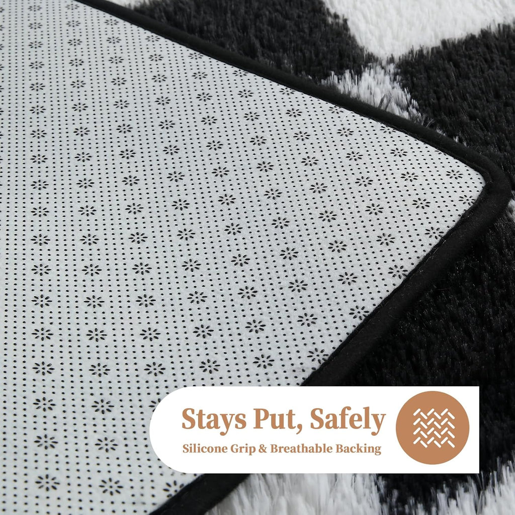 Checkered Shag Area Rug 5'x8', Black and White Plush Rug, Non-Slip Soft Carpet Nursery, Modern Floor Decor with Grid