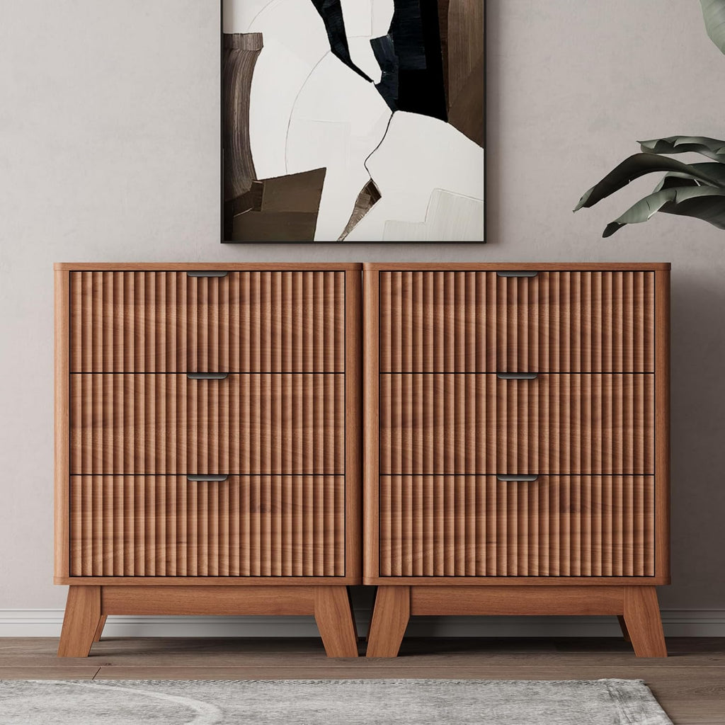 Walnut Nightstand with 3 Drawers, Mid Century Modern Wooden Bedroom Nightstand, Bedside Table & End Table with Metal
