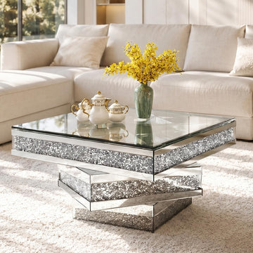 Mirrored Coffee Table with Crushed Diamonds, 31.5" Square Glass Center Table, Drop-Tested Shatterproof Packaging