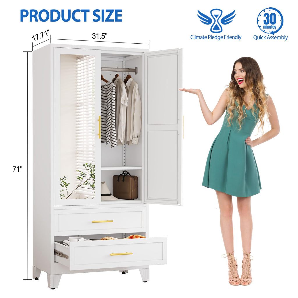 Steel Armoire Wardrobe Closet with Mirror and 2 Drawers 71" White