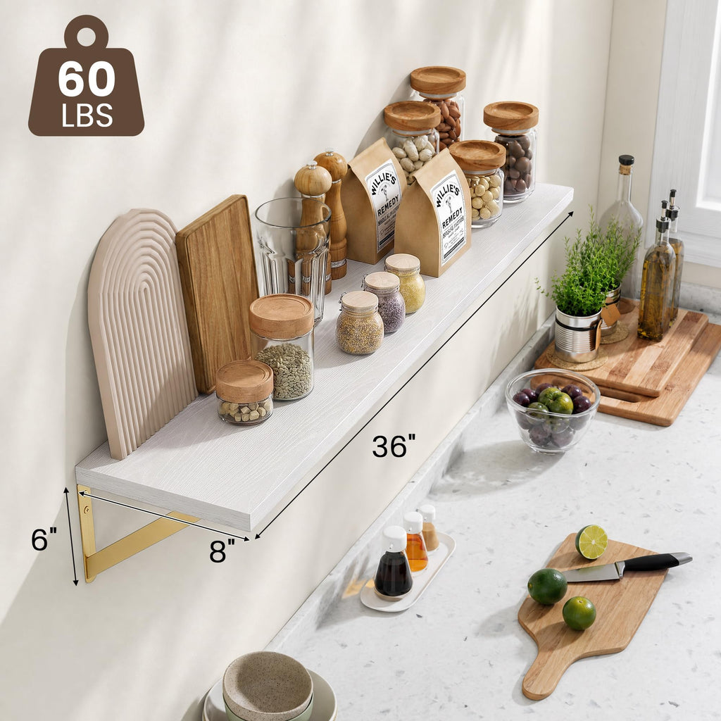 Wall Mounted Floating Shelves Set of 2, 36x8, White&Gold