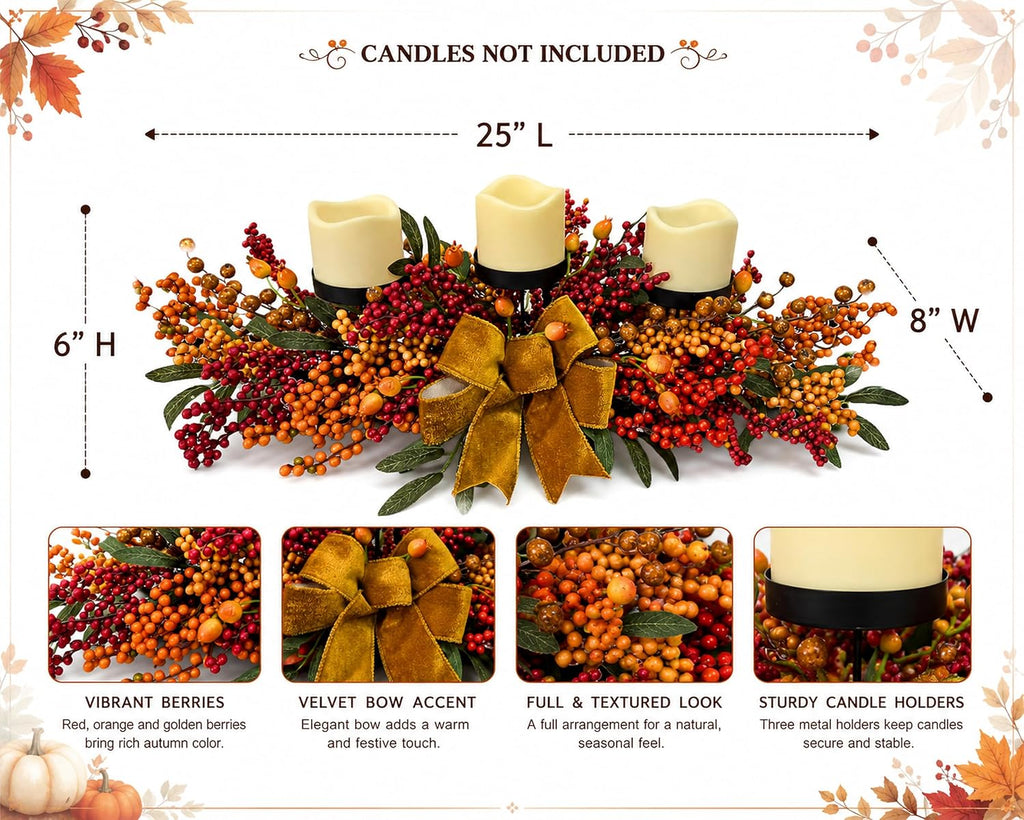 25 Inch Fall Candle Holder Centerpiece with Berry Branches and Bow
