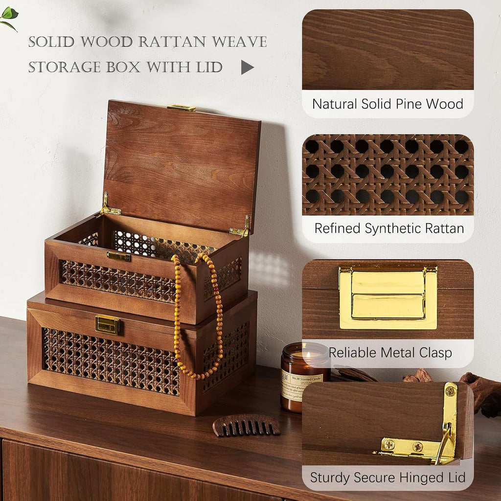 Decorative Rattan Storage Boxes Baskets with Lid Wooden Frame