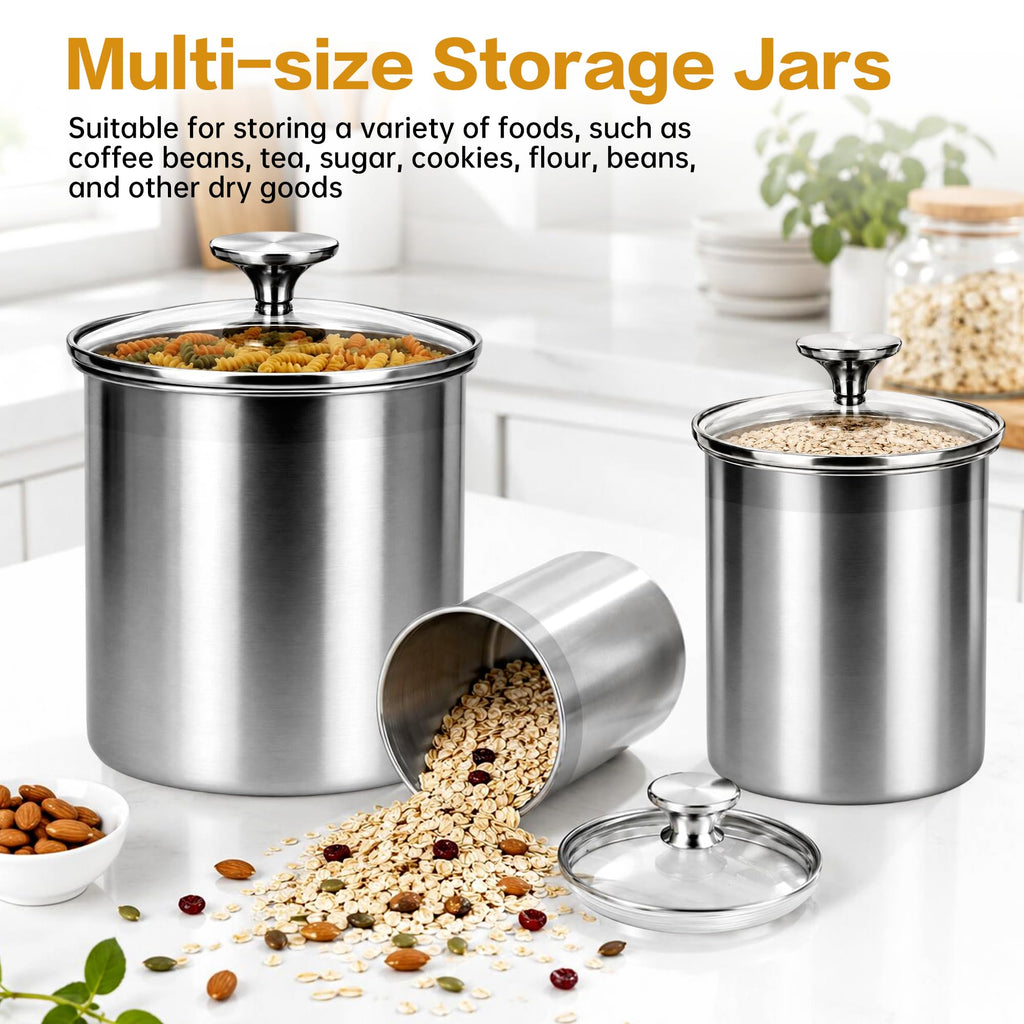 4-Pcs Stainless Steel Airtight Kitchen Canister Set with Glass Lid