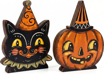 Wooden Halloween Decor Small Halloween Signs Indoor Decor Black Cat Pumpkin - Set of 3