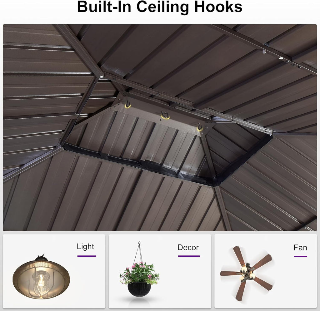 10’ X 10’ Outdoor Hardtop Gazebo Metal Frame Galvanized Steel Double Roof with Curtains and Nettings for Patio Desk